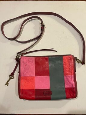 Fossil Emma Patchwork Leather Crossbody in Red, Pink, Orange & Teal With Charm